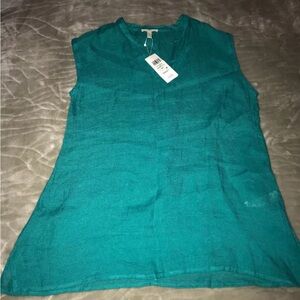 Eileen Fisher Turquoise Mandarin V-Neck Organic Linen Gauze Sheer Top S/P NWT